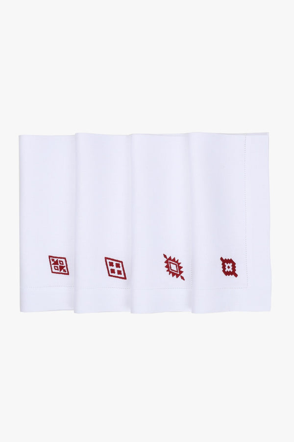 PAMPA Set of 4 Oversized Linen Napkins - White & Red